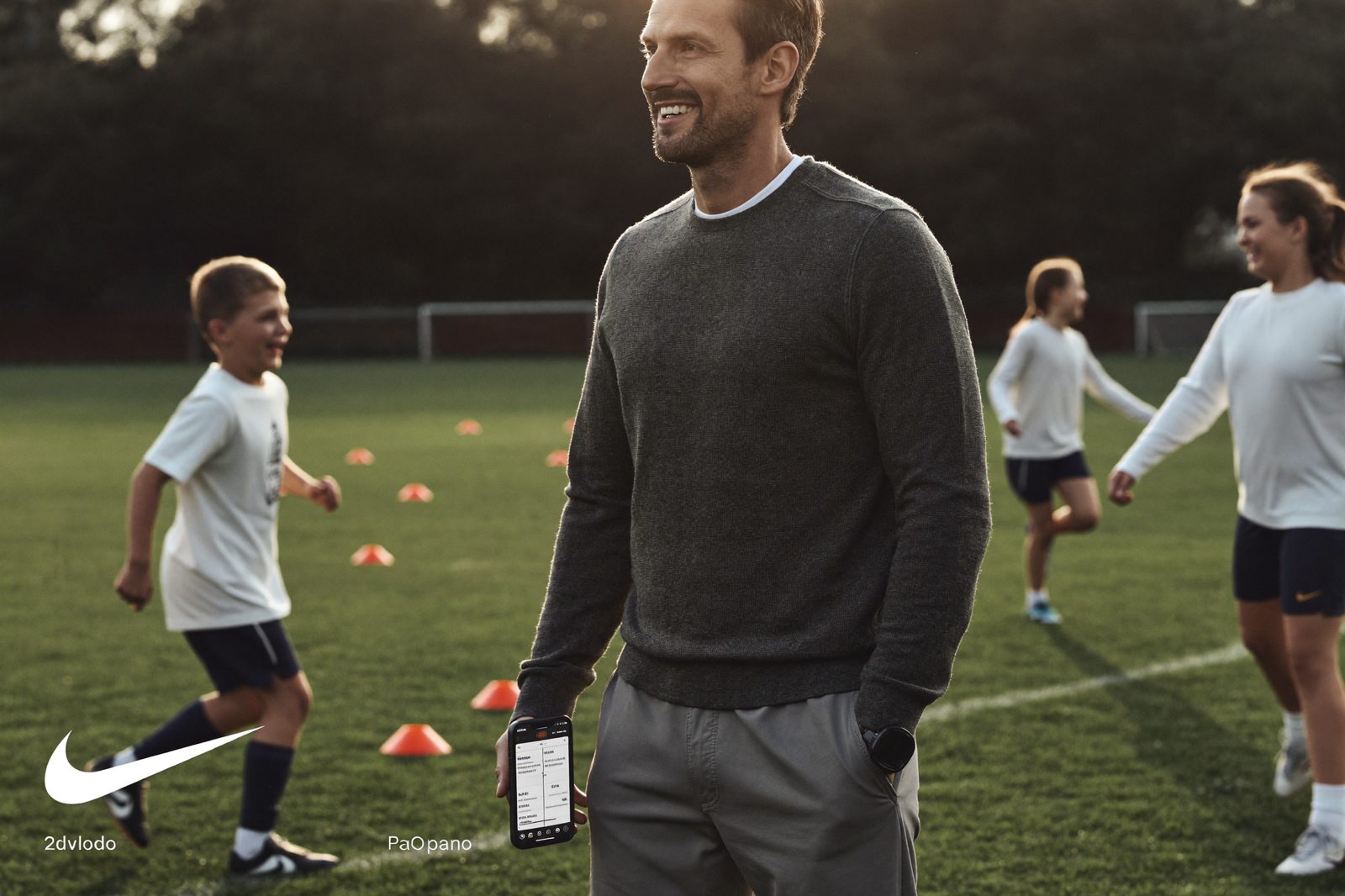 Ontspannen trainer met telefoon terwijl kinderen trainen